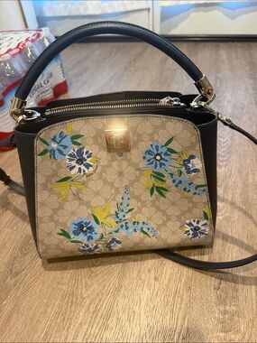 Kate spade Floral Signature Top-Handle Satchel in Beige and Black with Blue
